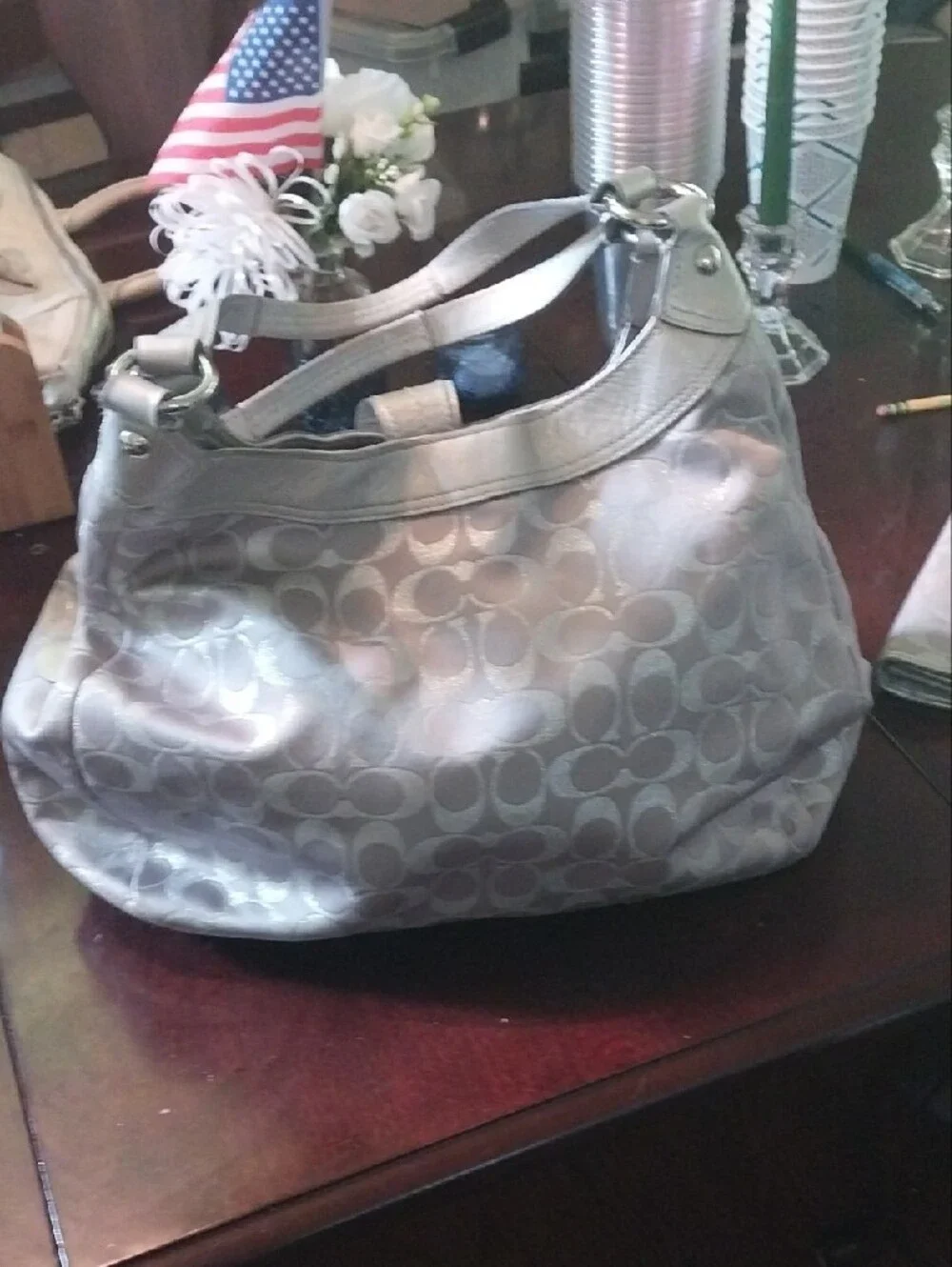Coach Designer-Style Taupe Signature Pattern Shoulder Bag with Matching Wallet
